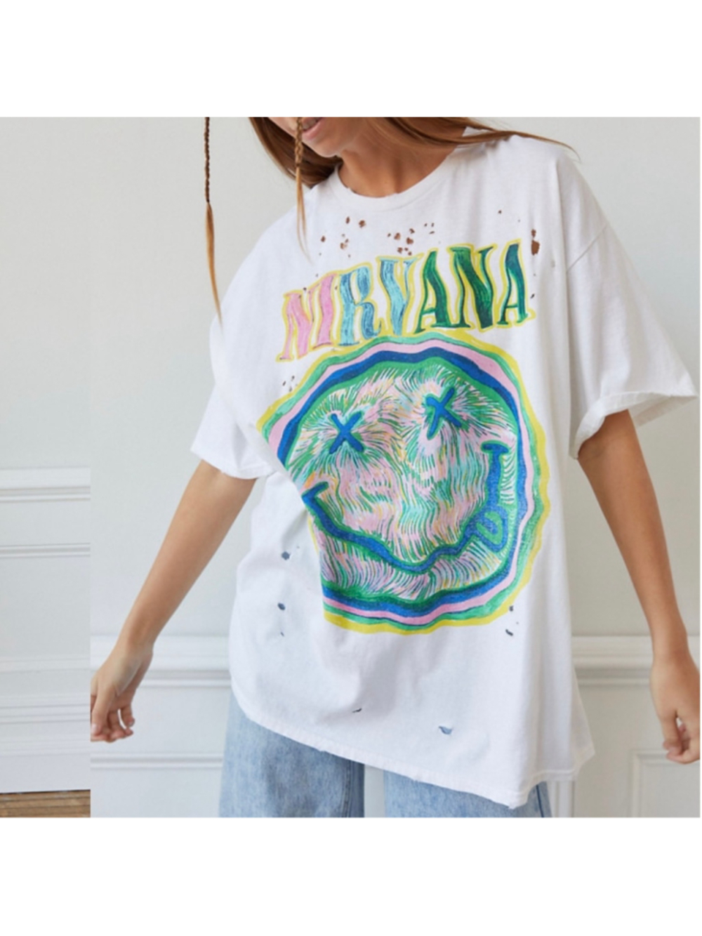 Urban Outfitters Nirvana Nevermind Oversized T Shirt Womens White S/M Distressed
